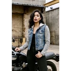 Black Rivet Women Jacket Sz L Denim Crop Distressed Hooded Moto Grunge Biker